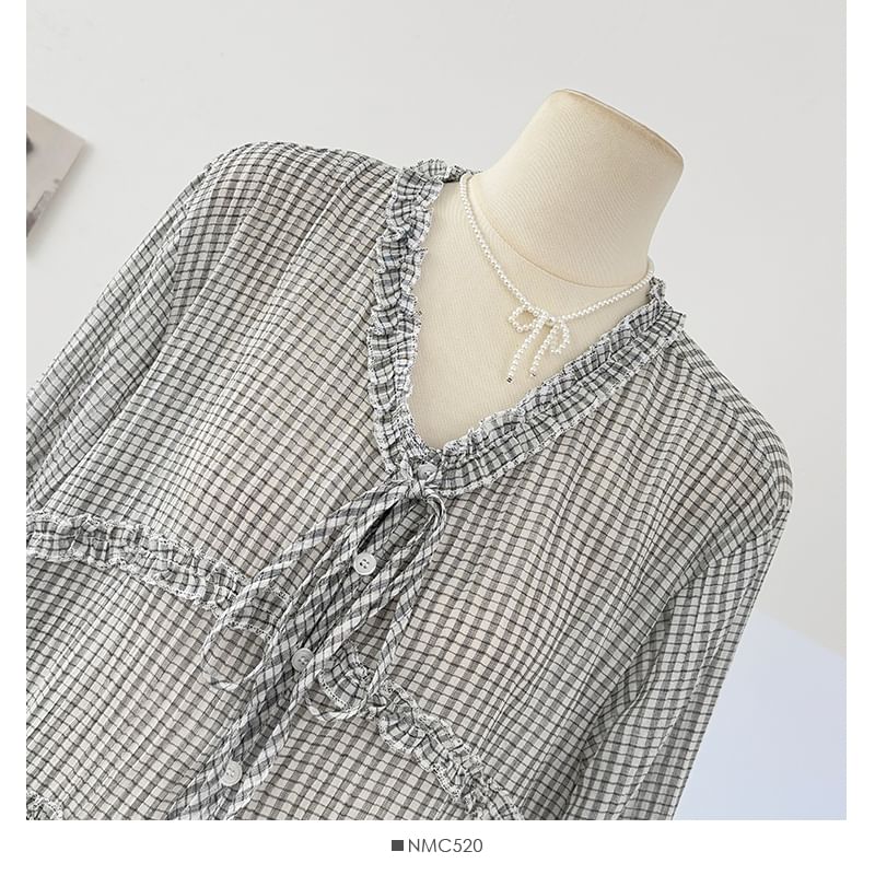Plaid Ruffled-Trim Loose-Fit V-Neck Blouse, Long-Sleeved