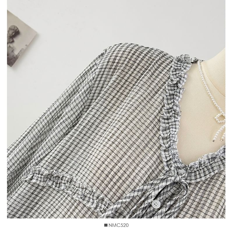 Plaid Ruffled-Trim Loose-Fit V-Neck Blouse, Long-Sleeved