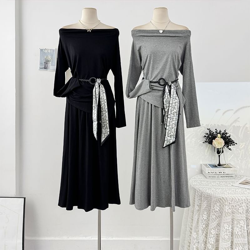 Plain Loose-Fit Off-Shoulder Tee & High-Rise Maxi Skirt Set, Long-Sleeved