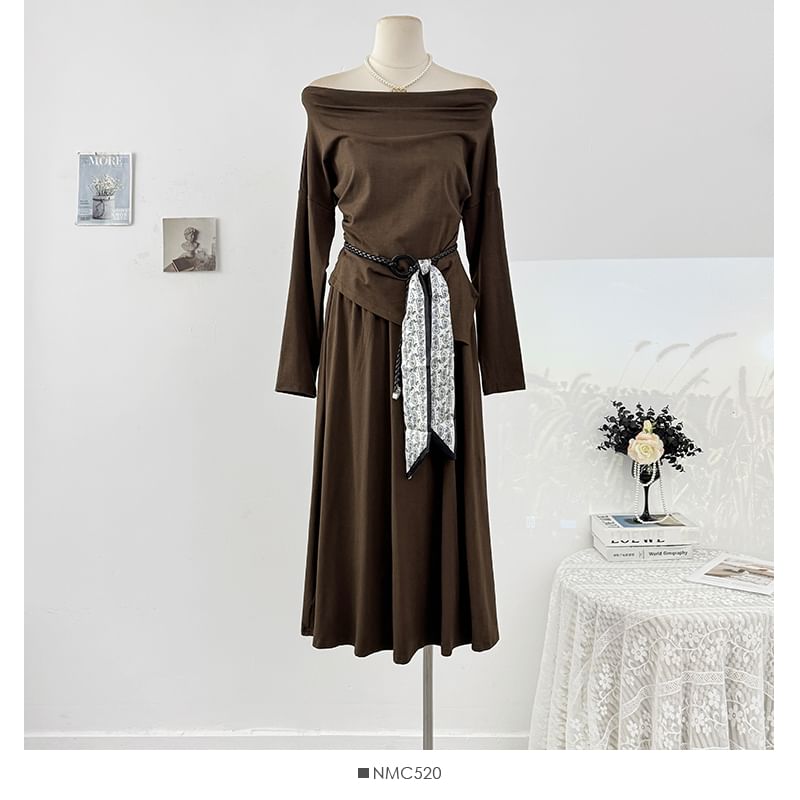 Plain Loose-Fit Off-Shoulder Tee & High-Rise Maxi Skirt Set, Long-Sleeved