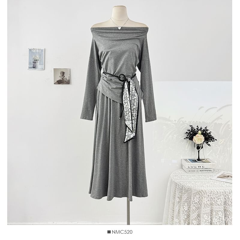 Plain Loose-Fit Off-Shoulder Tee & High-Rise Maxi Skirt Set, Long-Sleeved
