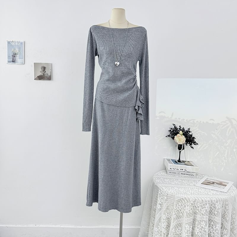 Plain Ruched Off-Shoulder Knit Top & Maxi Skirt Set, Long-Sleeved