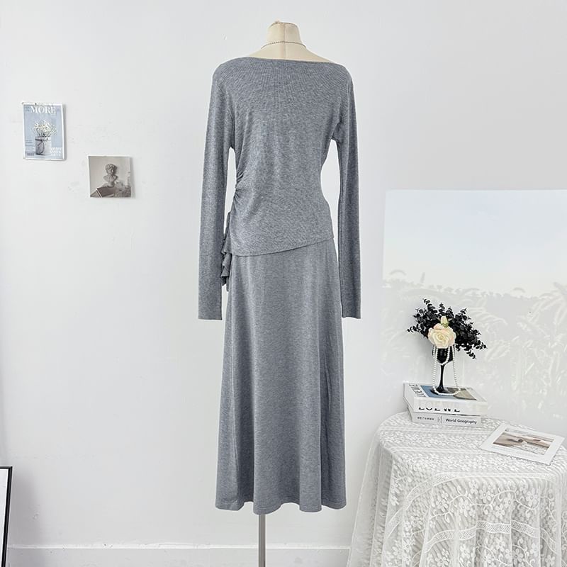 Plain Ruched Off-Shoulder Knit Top & Maxi Skirt Set, Long-Sleeved