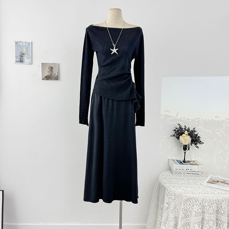 Plain Ruched Off-Shoulder Knit Top & Maxi Skirt Set, Long-Sleeved