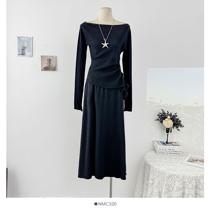 Plain Ruched Off-Shoulder Knit Top & Maxi Skirt Set, Long-Sleeved