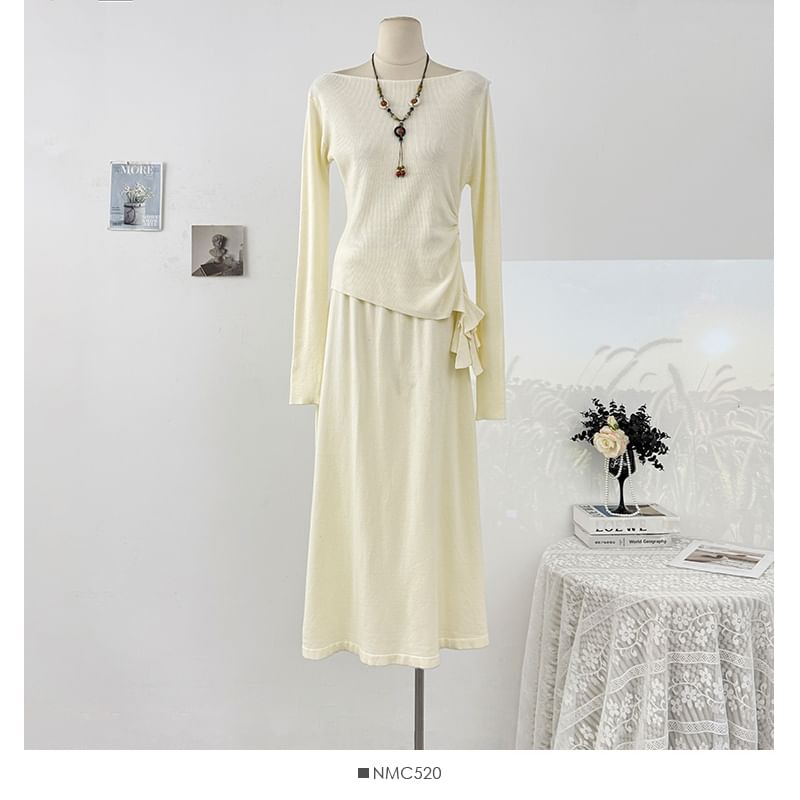Plain Ruched Off-Shoulder Knit Top & Maxi Skirt Set, Long-Sleeved