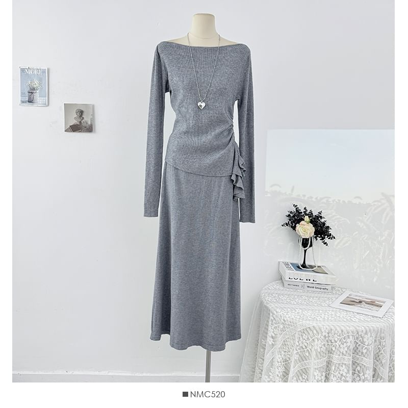 Plain Ruched Off-Shoulder Knit Top & Maxi Skirt Set, Long-Sleeved