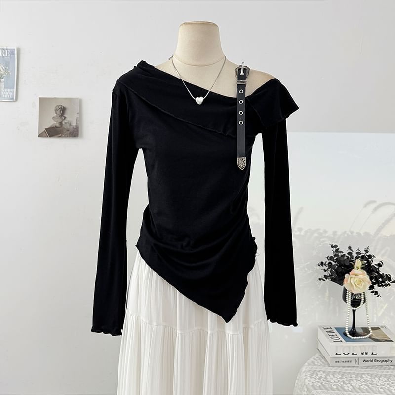Plain Ruffled-Trim Cold-Shoulder Asymmetric Slim Top, Long-Sleeved