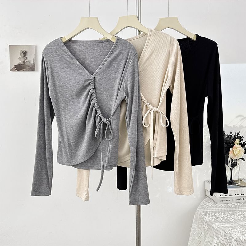 Plain Wrap V-Neck Top, Long-Sleeved
