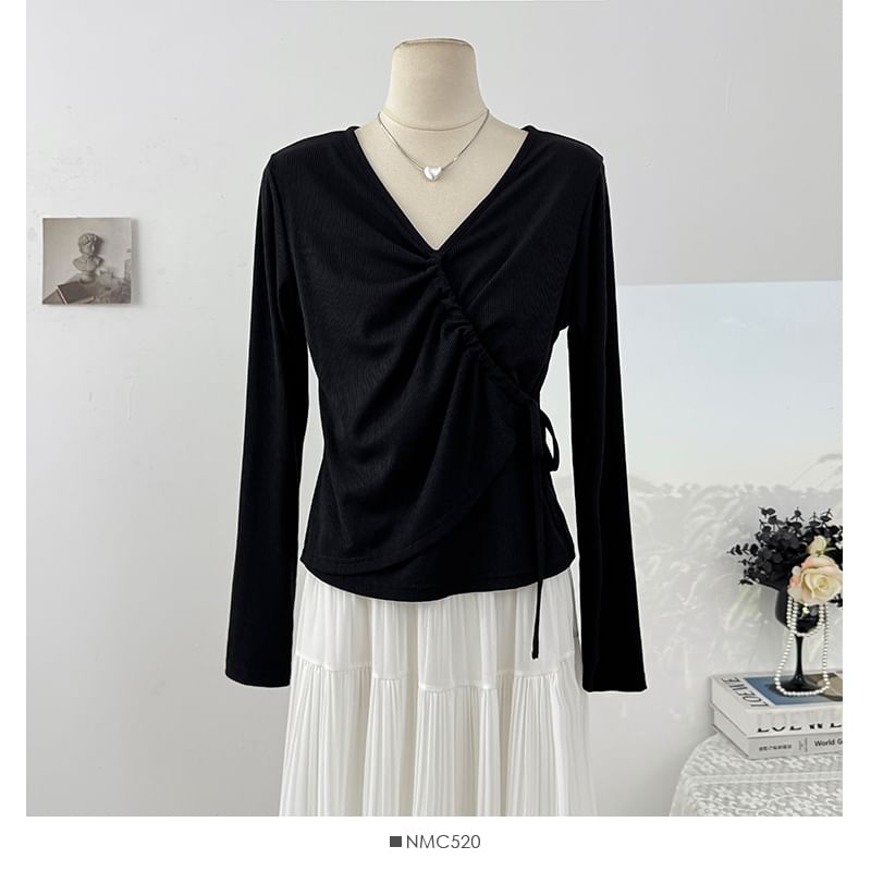 Plain Wrap V-Neck Top, Long-Sleeved