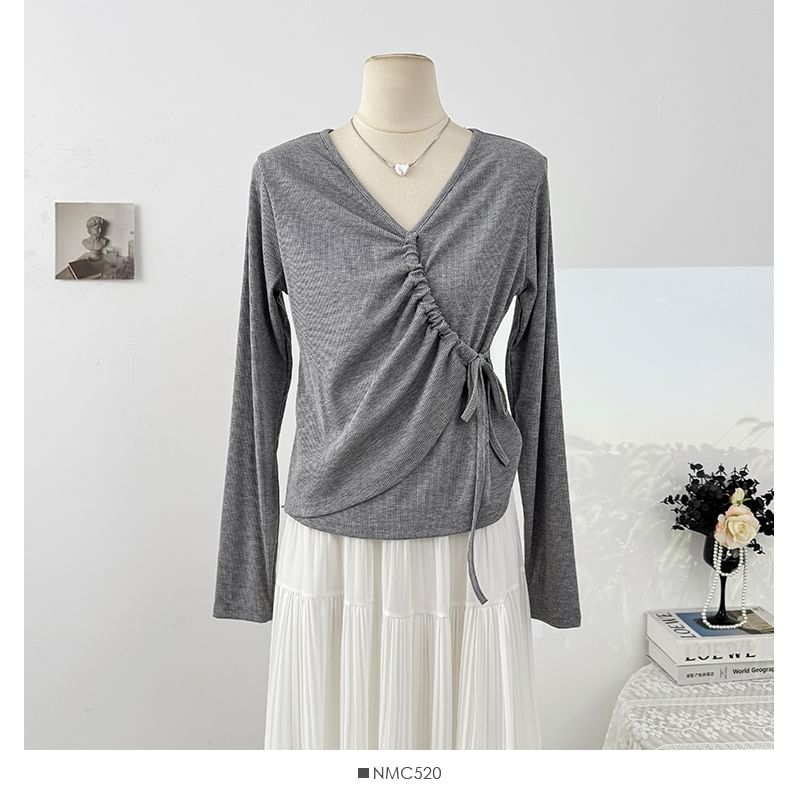 Plain Wrap V-Neck Top, Long-Sleeved