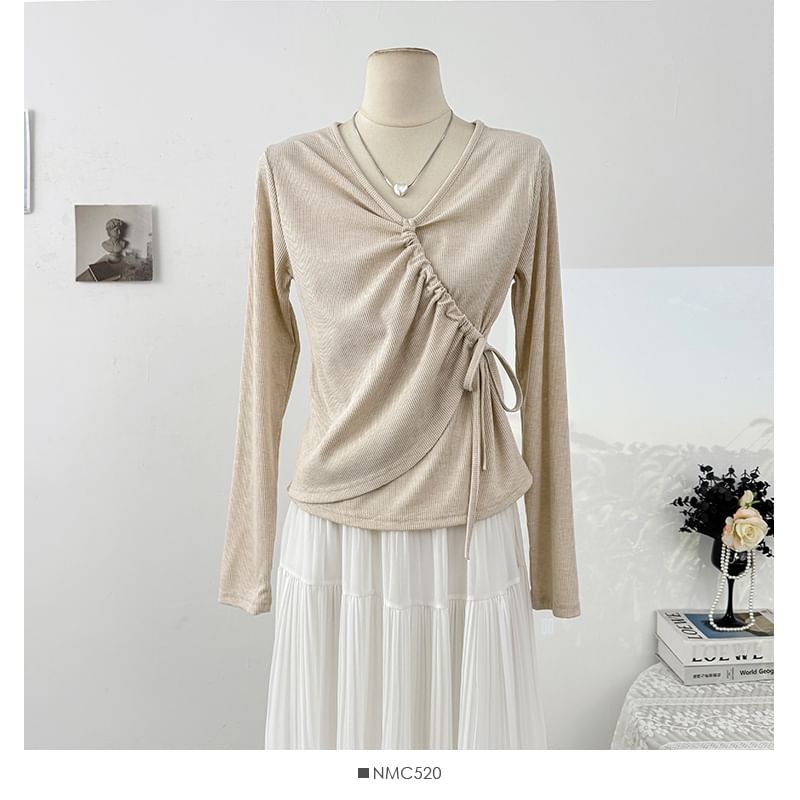 Plain Wrap V-Neck Top, Long-Sleeved