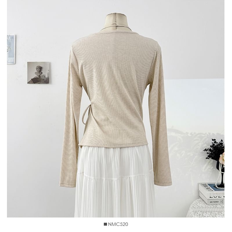 Plain Wrap V-Neck Top, Long-Sleeved