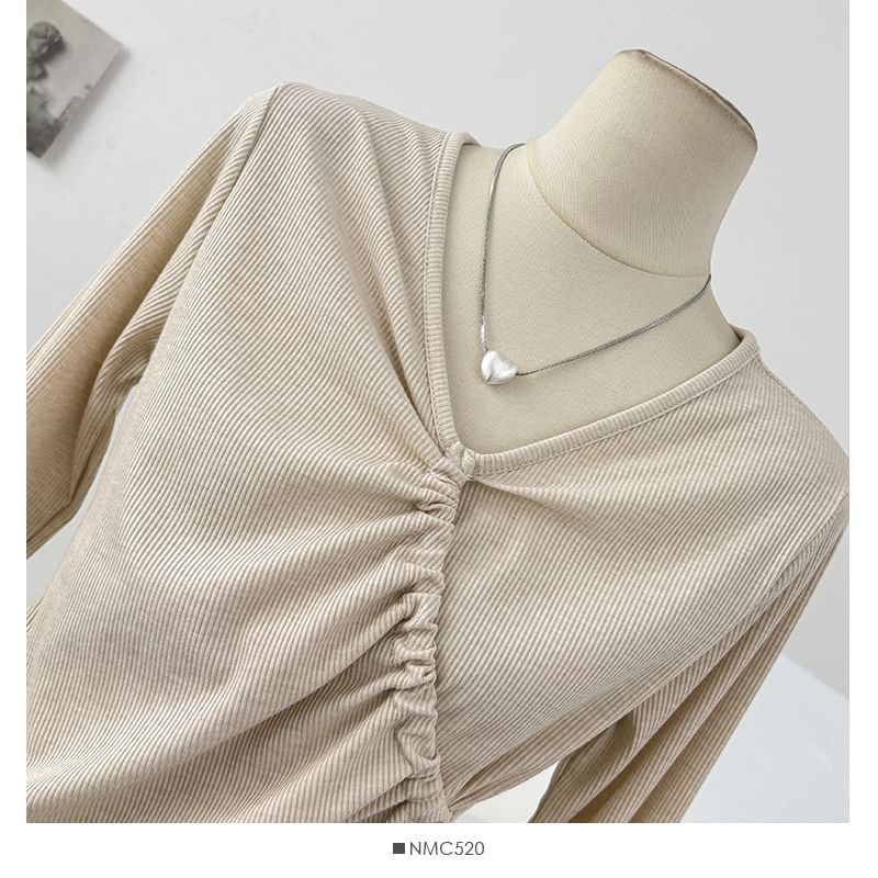Plain Wrap V-Neck Top, Long-Sleeved
