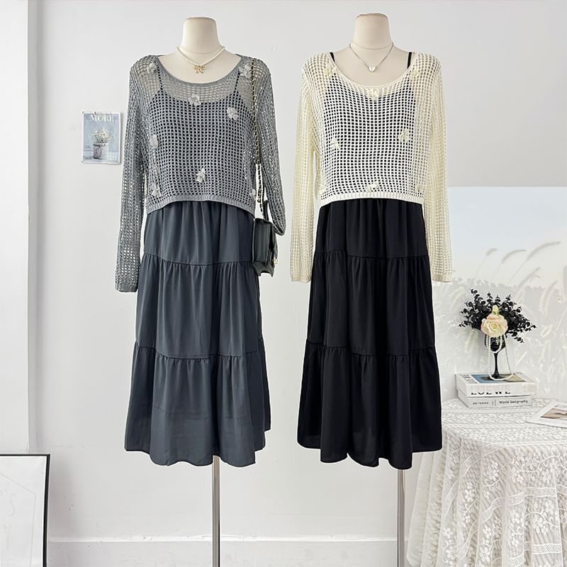 Plain Loose-Fit Maxi Dress & Crochet Knit Top Set, Spaghetti-Strap Long-Sleeved