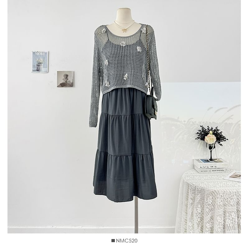 Plain Loose-Fit Maxi Dress & Crochet Knit Top Set, Spaghetti-Strap Long-Sleeved