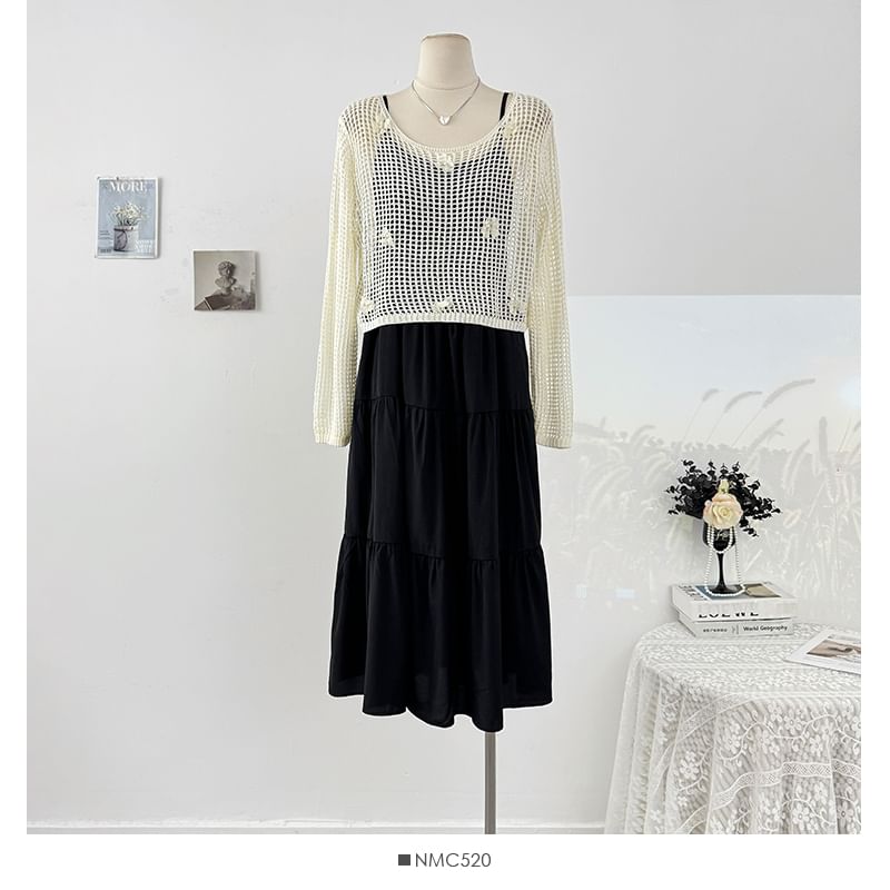 Plain Loose-Fit Maxi Dress & Crochet Knit Top Set, Spaghetti-Strap Long-Sleeved
