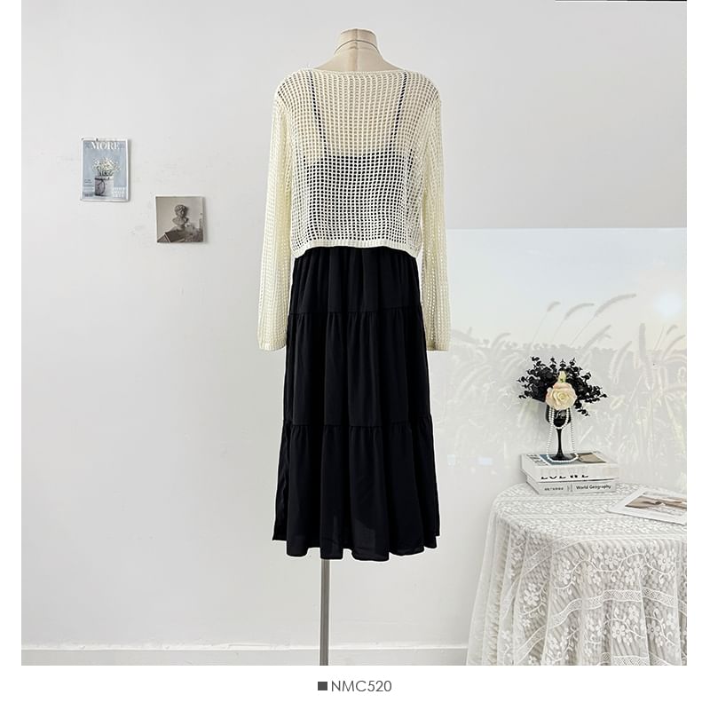 Plain Loose-Fit Maxi Dress & Crochet Knit Top Set, Spaghetti-Strap Long-Sleeved