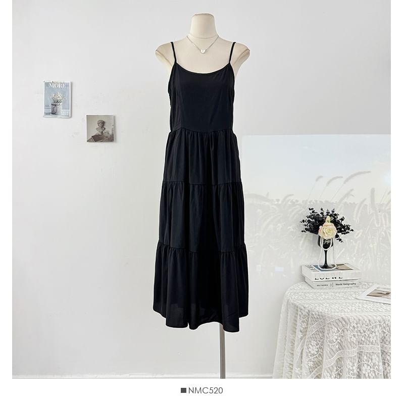 Plain Loose-Fit Maxi Dress & Crochet Knit Top Set, Spaghetti-Strap Long-Sleeved