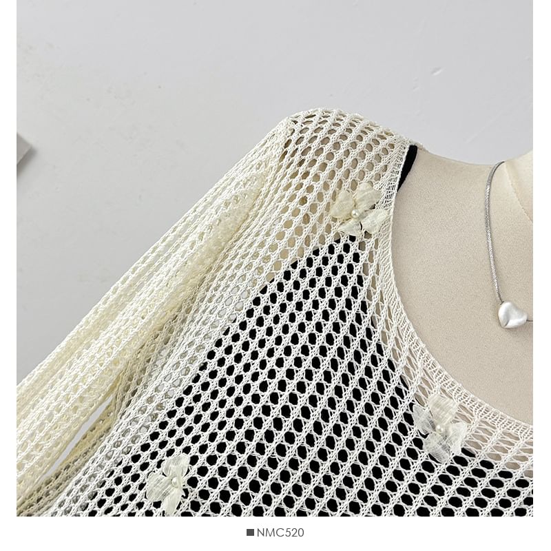 Plain Loose-Fit Maxi Dress & Crochet Knit Top Set, Spaghetti-Strap Long-Sleeved