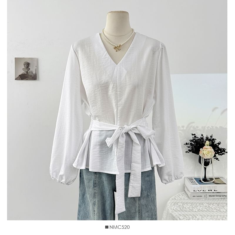 Plain Tie-Waist V-Neck Blouse, Long-Sleeved