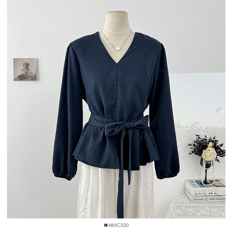 Plain Tie-Waist V-Neck Blouse, Long-Sleeved