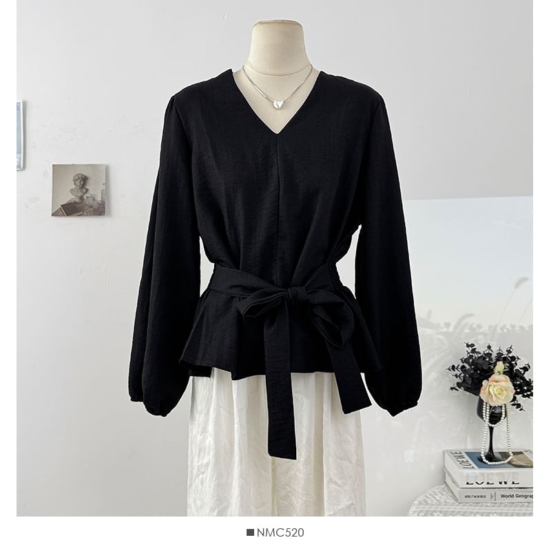Plain Tie-Waist V-Neck Blouse, Long-Sleeved