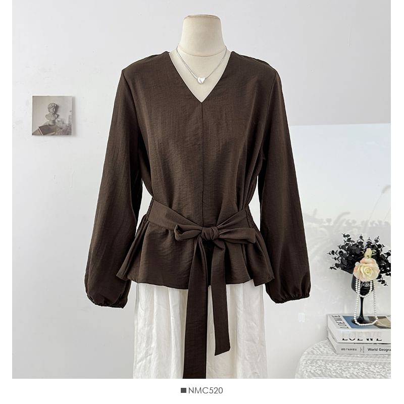 Plain Tie-Waist V-Neck Blouse, Long-Sleeved