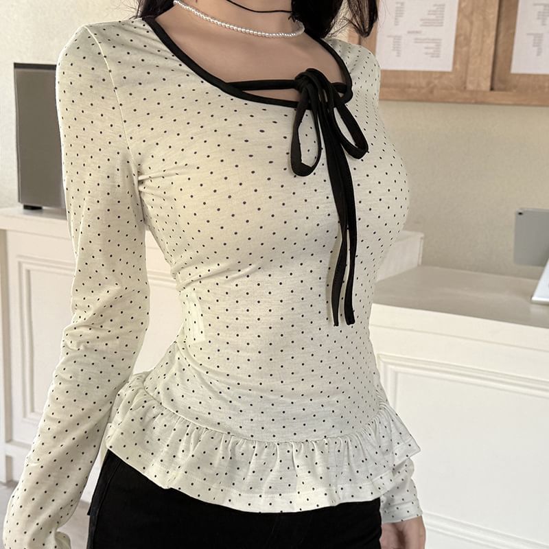 Dotted Ruffled Trim Scoop-Neck Long-Sleeved Tee