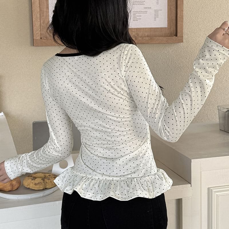 Dotted Ruffled Trim Scoop-Neck Long-Sleeved Tee