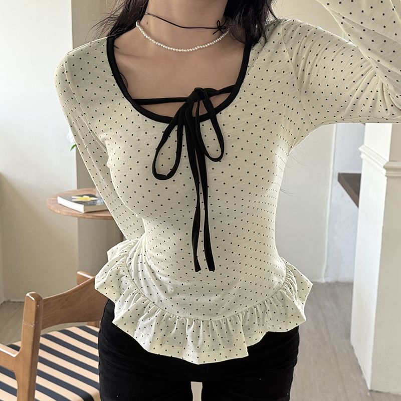 Dotted Ruffled Trim Scoop-Neck Long-Sleeved Tee