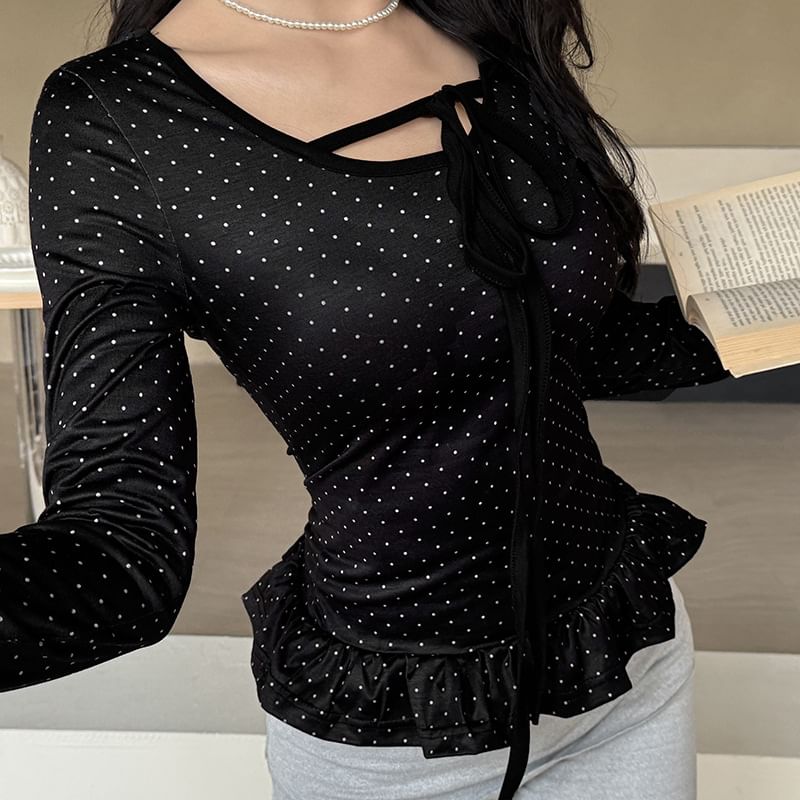 Dotted Ruffled Trim Scoop-Neck Long-Sleeved Tee