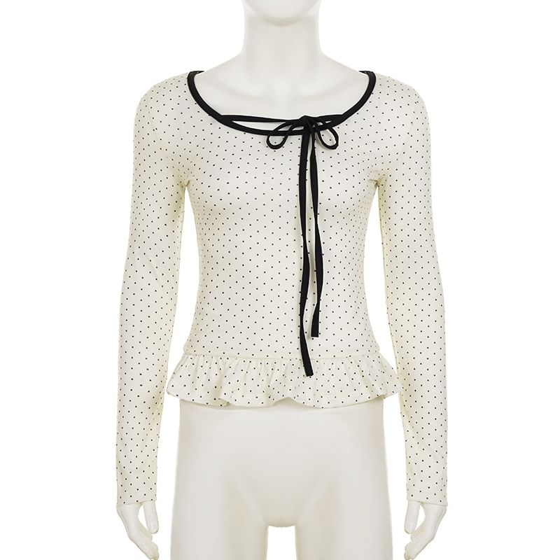 Dotted Ruffled Trim Scoop-Neck Long-Sleeved Tee