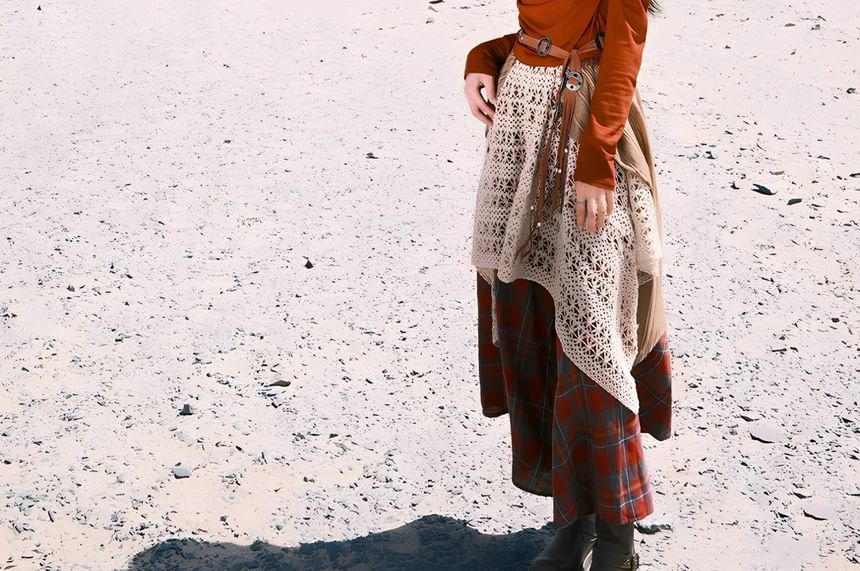 Beaded Cold-Shoulder Tee with Plaid Maxi Skirt and Belt Set