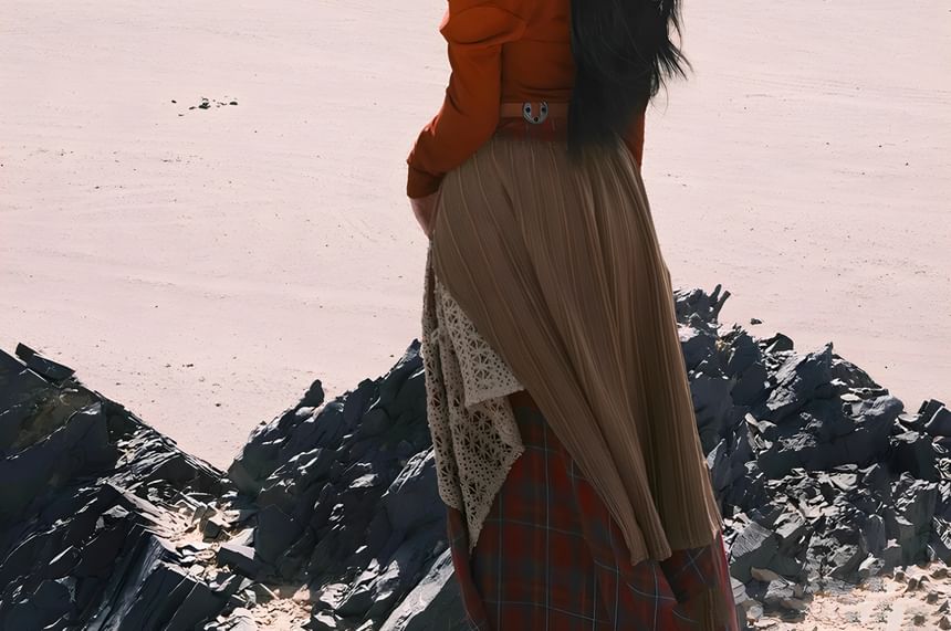 Beaded Cold-Shoulder Tee with Plaid Maxi Skirt and Belt Set