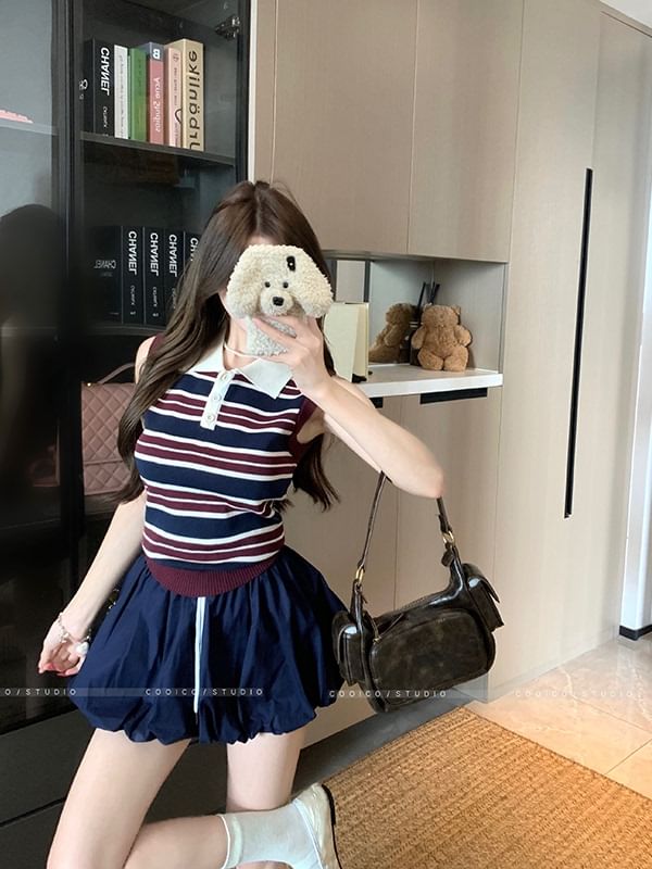 Striped Sleeveless Polo Knit Top with Plain Mini Skirt