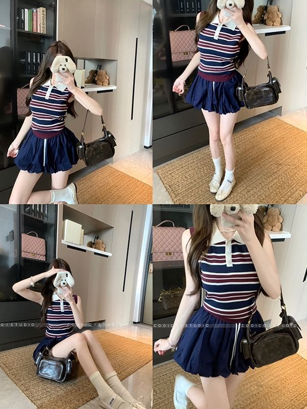 Striped Sleeveless Polo Knit Top with Plain Mini Skirt