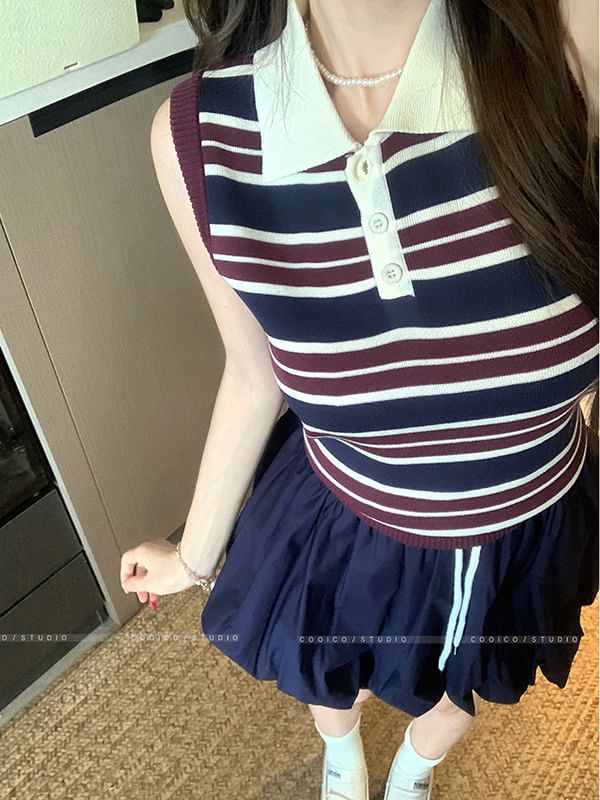 Striped Sleeveless Polo Knit Top with Plain Mini Skirt