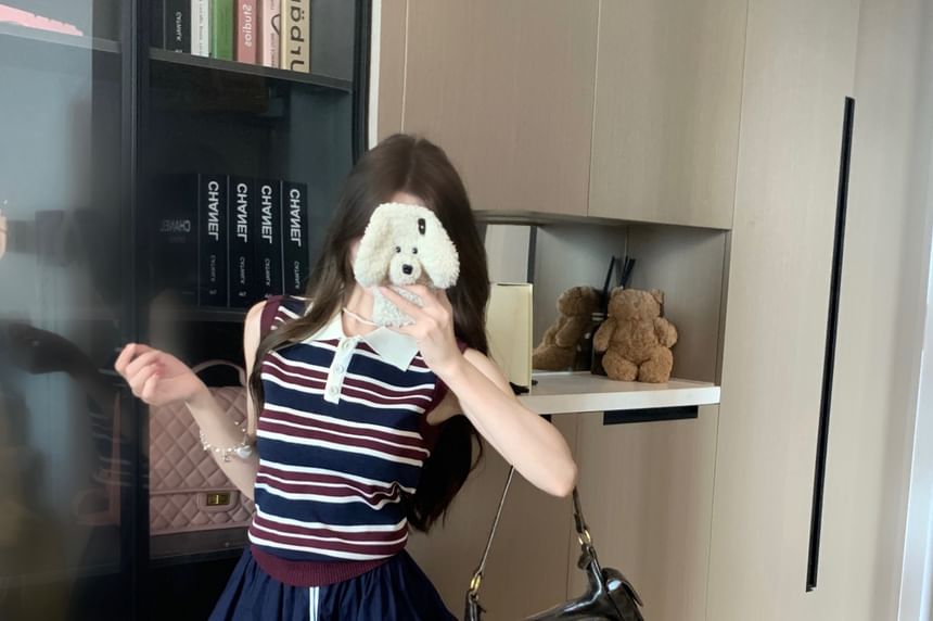 Striped Sleeveless Polo Knit Top with Plain Mini Skirt