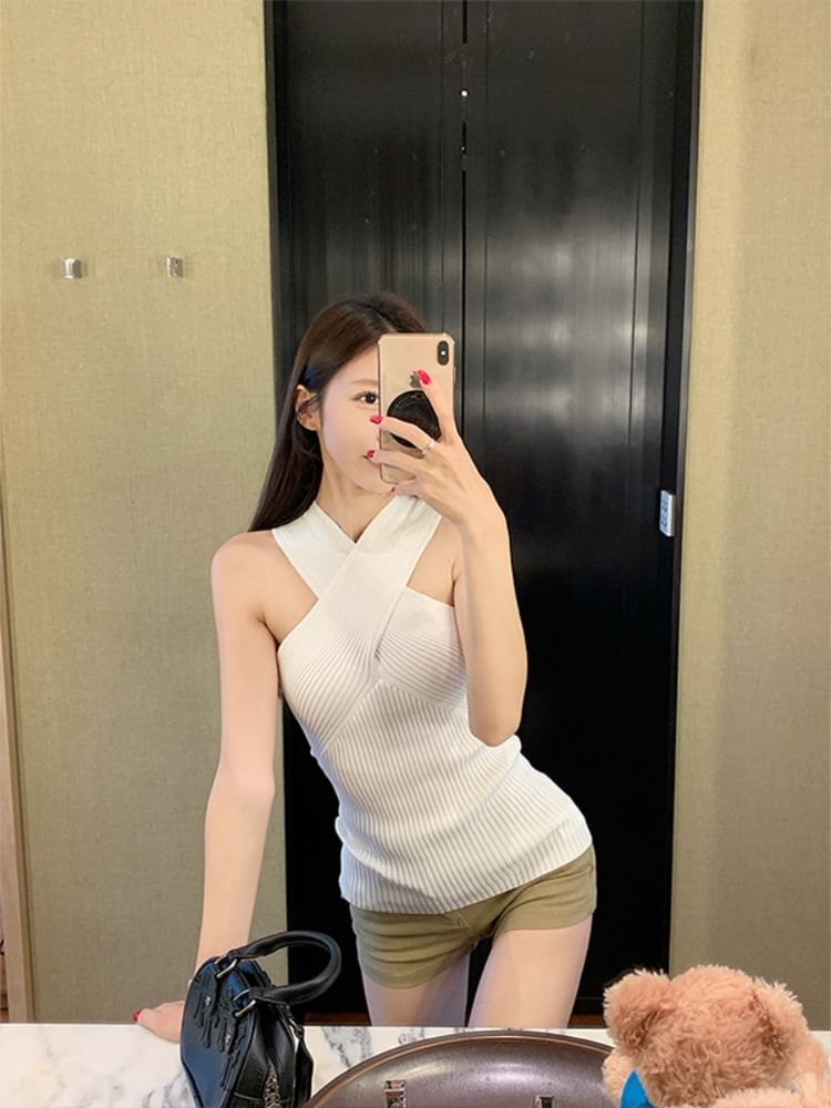 Twist-Knit Off-Shoulder Short-Sleeved Plain Top