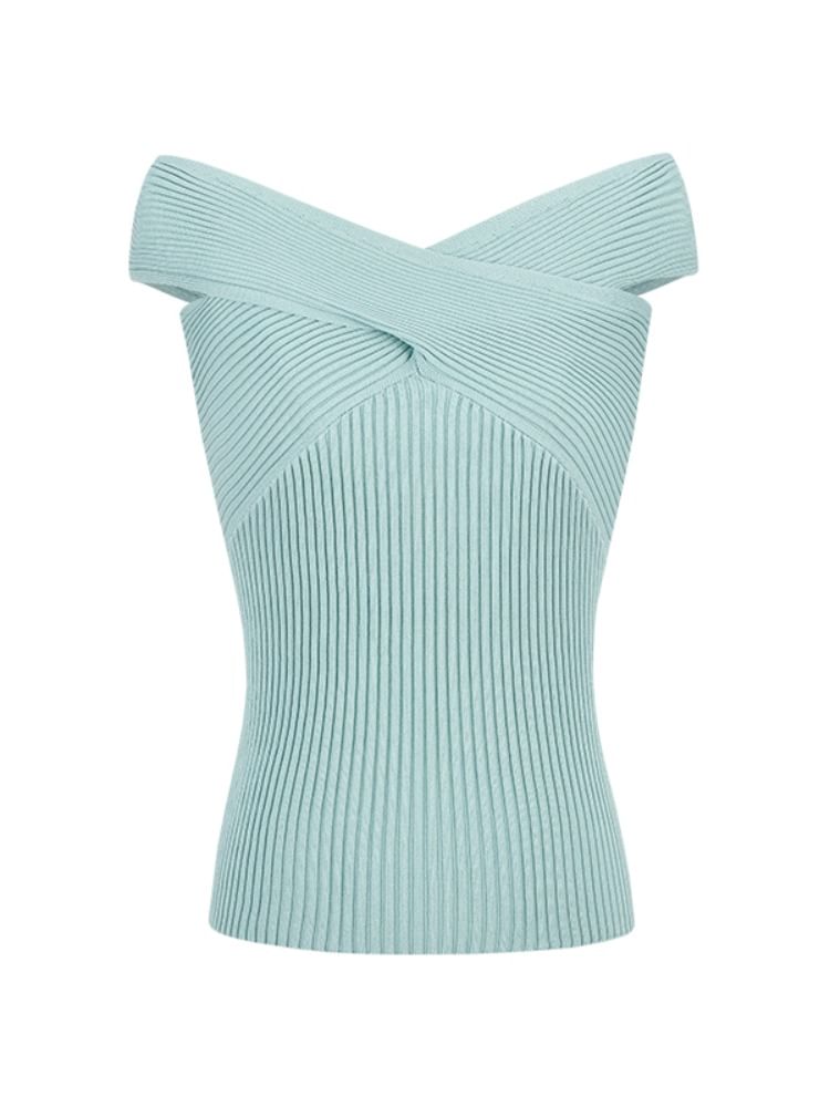 Twist-Knit Off-Shoulder Short-Sleeved Plain Top