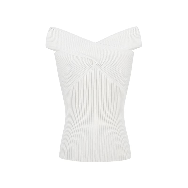 Twist-Knit Off-Shoulder Short-Sleeved Plain Top