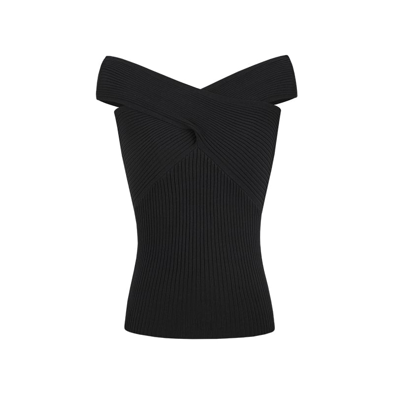 Twist-Knit Off-Shoulder Short-Sleeved Plain Top