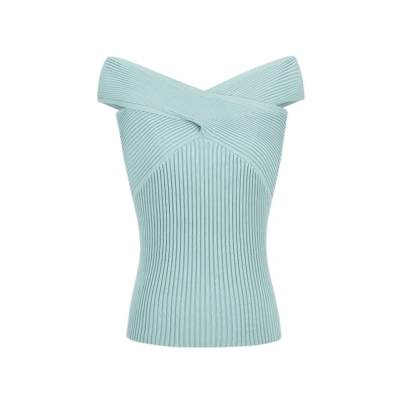 Twist-Knit Off-Shoulder Short-Sleeved Plain Top