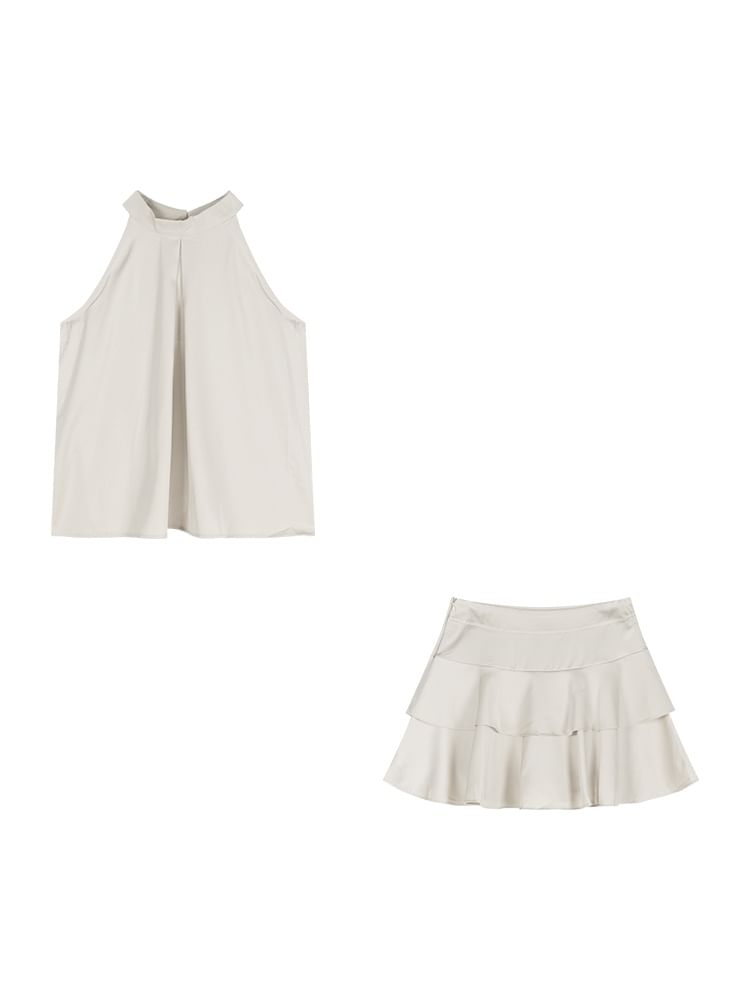 Plain Sleeveless Round-Neck Top with Mini A-Line Skirt Set