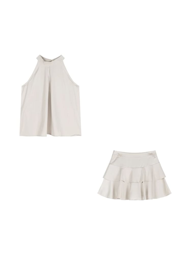 Plain Sleeveless Round-Neck Top with Mini A-Line Skirt Set