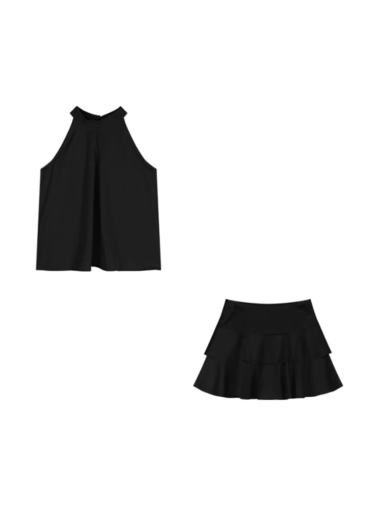Plain Sleeveless Round-Neck Top with Mini A-Line Skirt Set