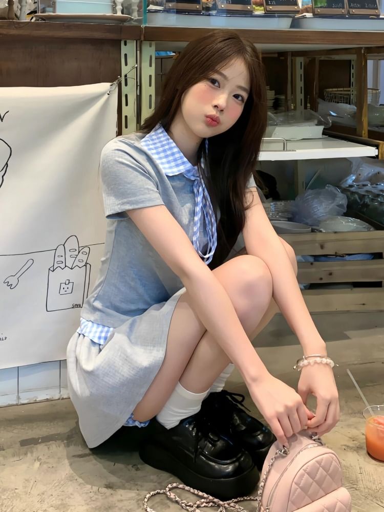 Plaid-Trimmed Short-Sleeved Shirt and Mini Skort Set
