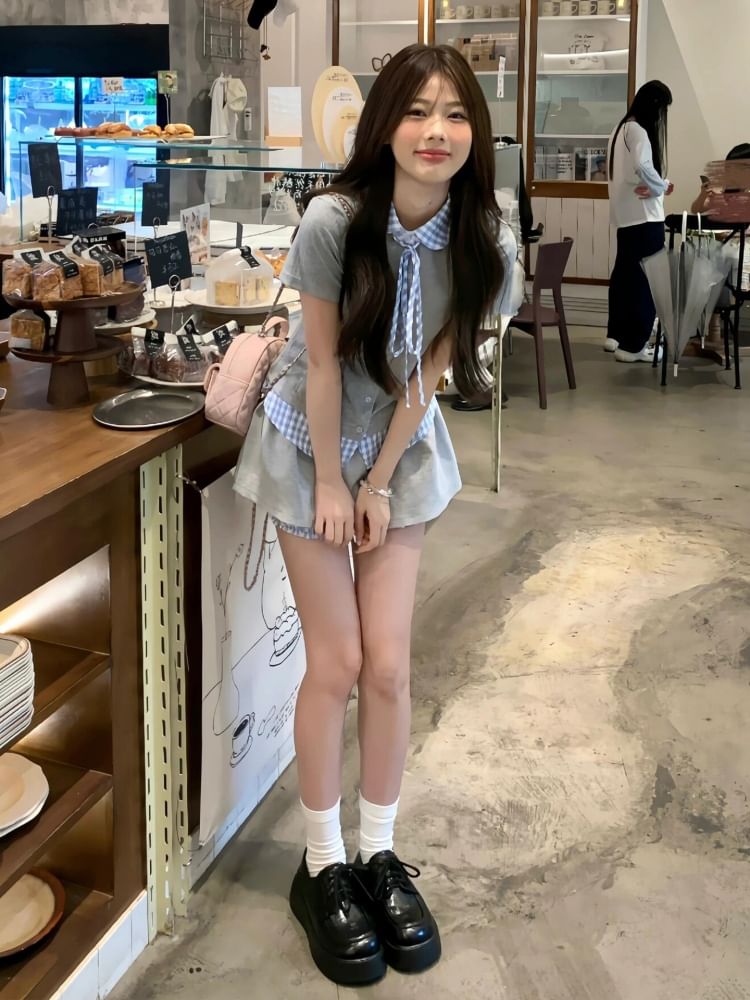 Plaid-Trimmed Short-Sleeved Shirt and Mini Skort Set