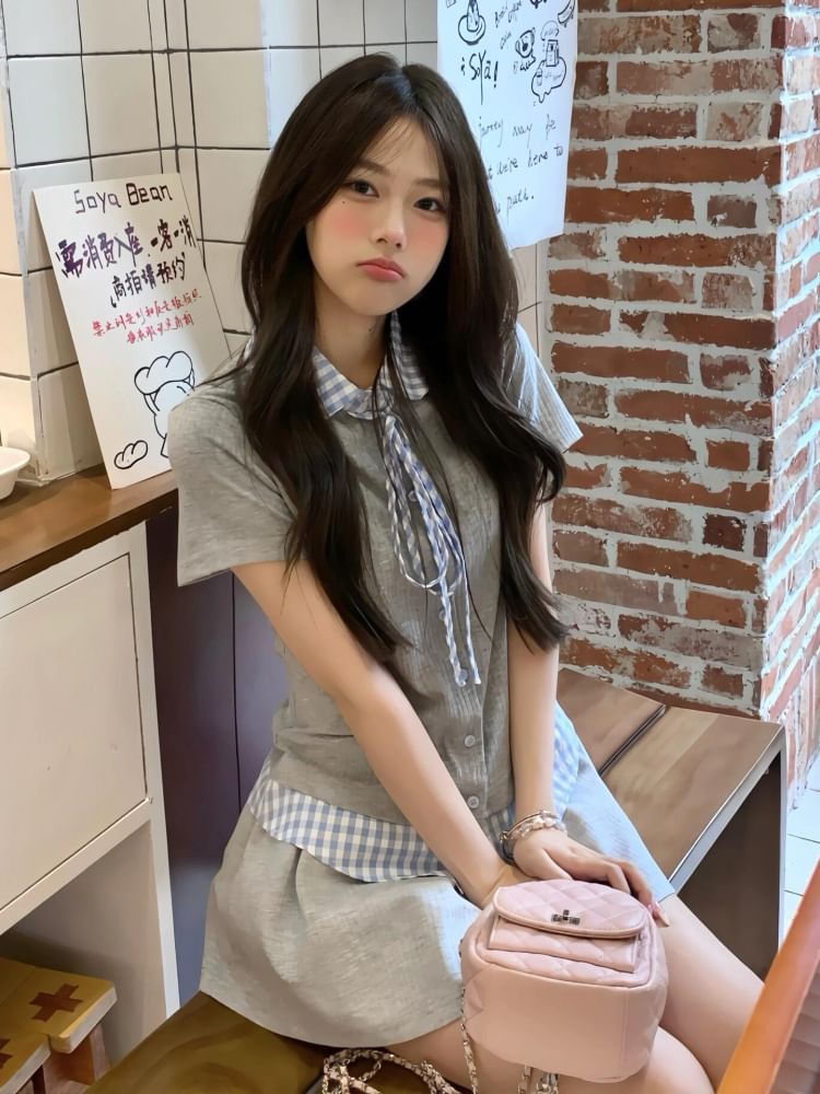 Plaid-Trimmed Short-Sleeved Shirt and Mini Skort Set